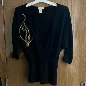 Vtg Baby Phat Y2K Bat Wing Rhinestone Cat Sweater Top Womens Sz L Faux Wrap USA